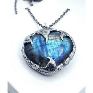 Labradorite heart necklace crystal puffy heart rainbow silver statement necklace